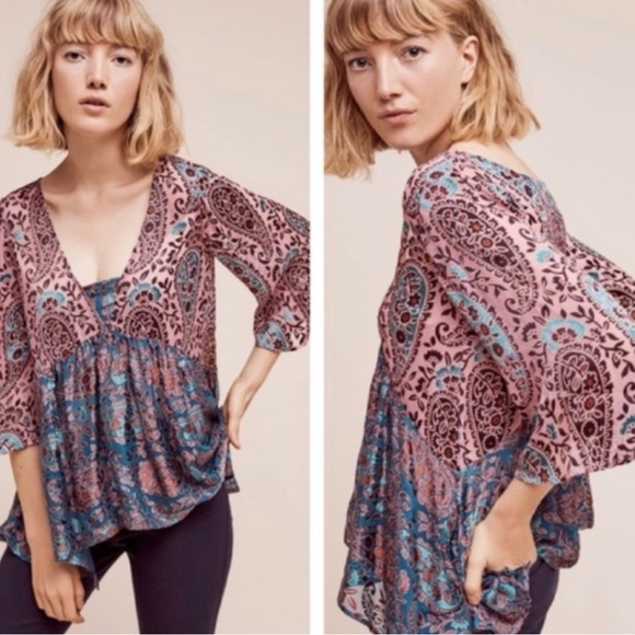 Anthropologie Tops - Floreat Anthropologie Valo Silk Blend Paisley Velvet Burn Out Boho Tunic Large
